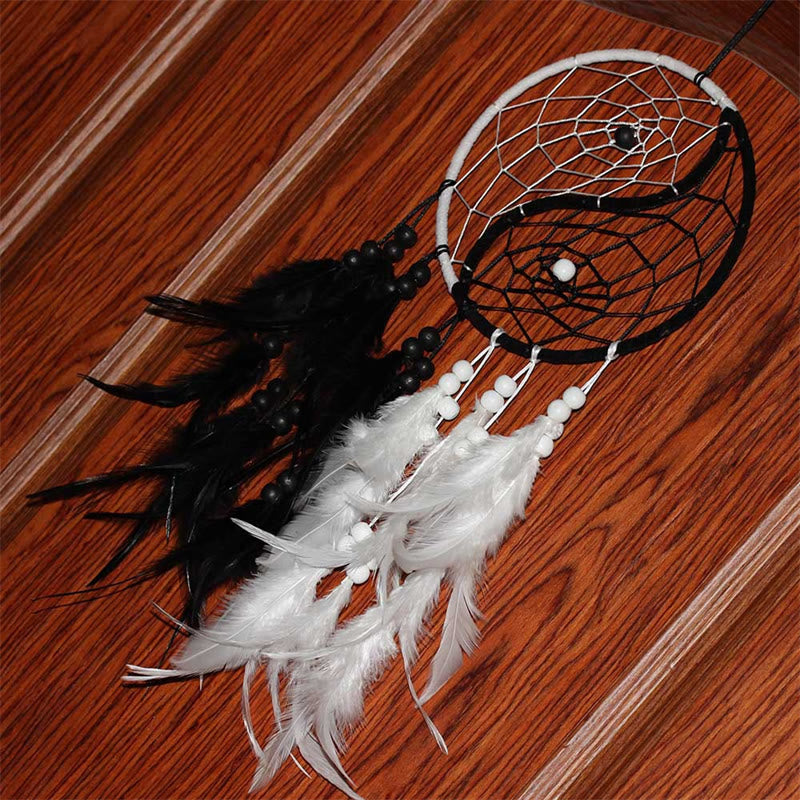 Acchiappasogni Yin Yang Rete circolare con piume Decorazione di equilibrio - image 10