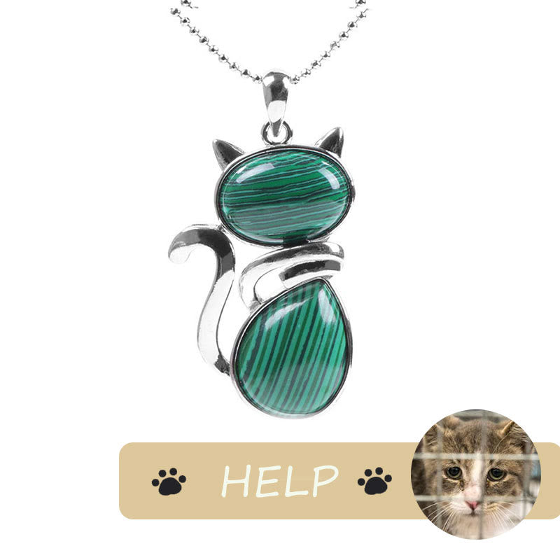 "Save A Cat" Collana con ciondolo amante dei gatti con motivo a gatto carino e protezione in cristallo naturale - Malachite - image 23