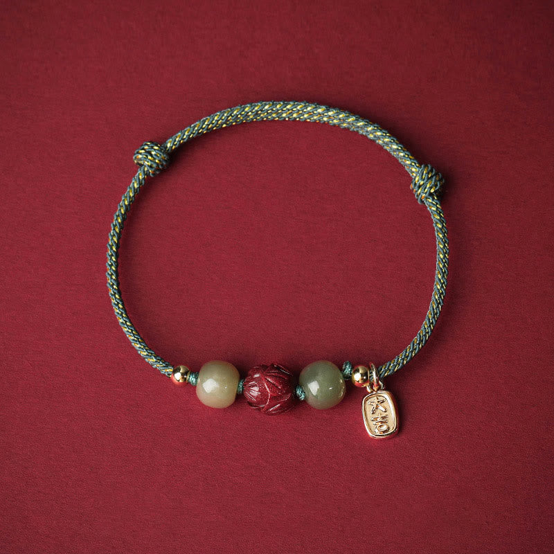 Braccialetto di corda artigianale Buddha Stones in giada Hetian placcato oro 14K, cinabro e loto portafortuna - Corda ciano (circonferenza del polso 13-18 cm) - image 11