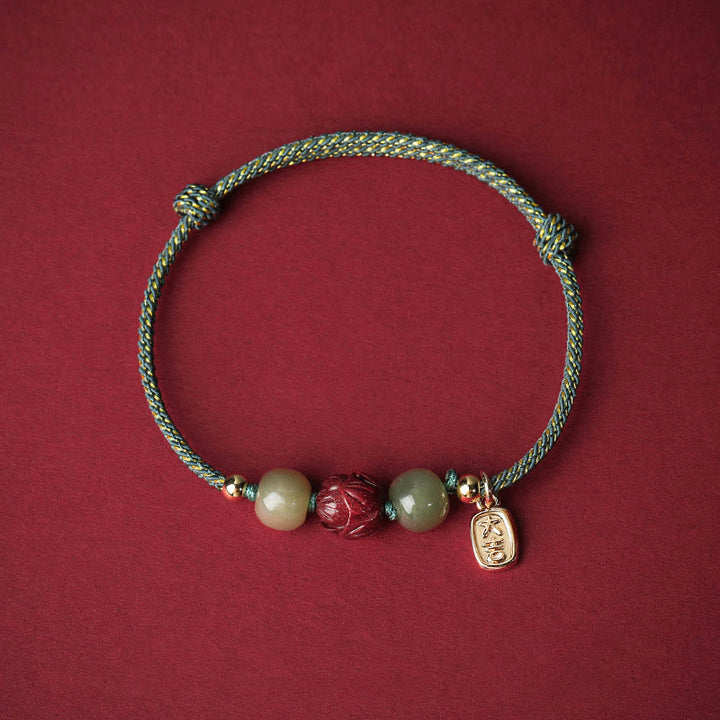 Braccialetto di corda artigianale Buddha Stones in giada Hetian placcato oro 14K, cinabro e loto portafortuna - Corda ciano (circonferenza del polso 13-18 cm) - image 11
