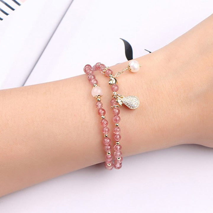 Braccialetto a doppio giro con ciondolo positivo Buddha Stones Strawberry Quartz Money Bag