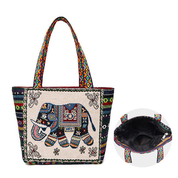 Borsa a tracolla in tela di grande capacità ricamata con elefante e farfalla , Buddha Stones