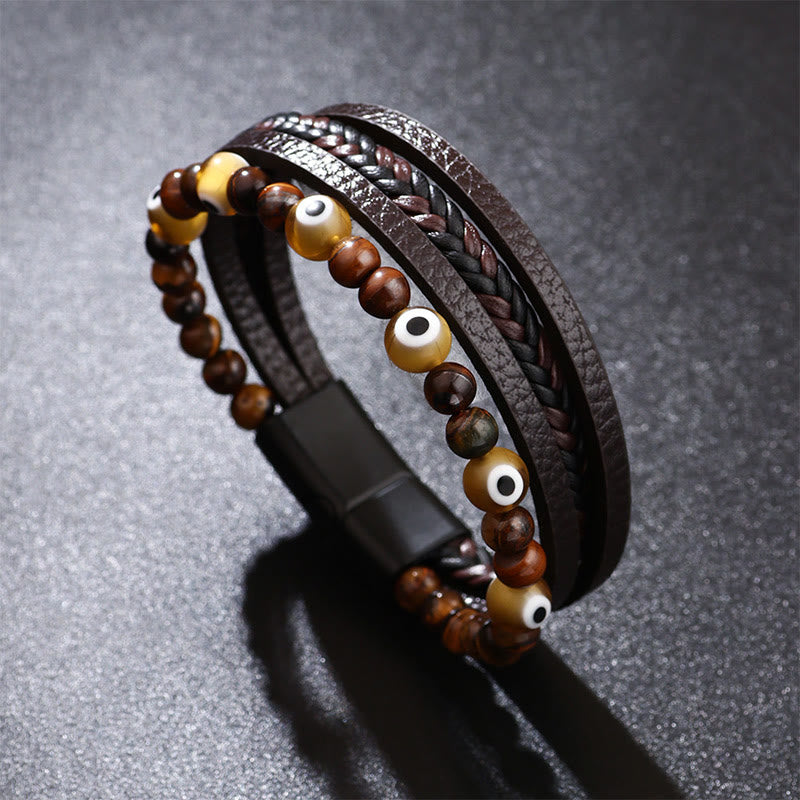 Braccialetto intrecciato multistrato con perline e protezione dell'occhio di tigre Buddha Stones e occhio maligno