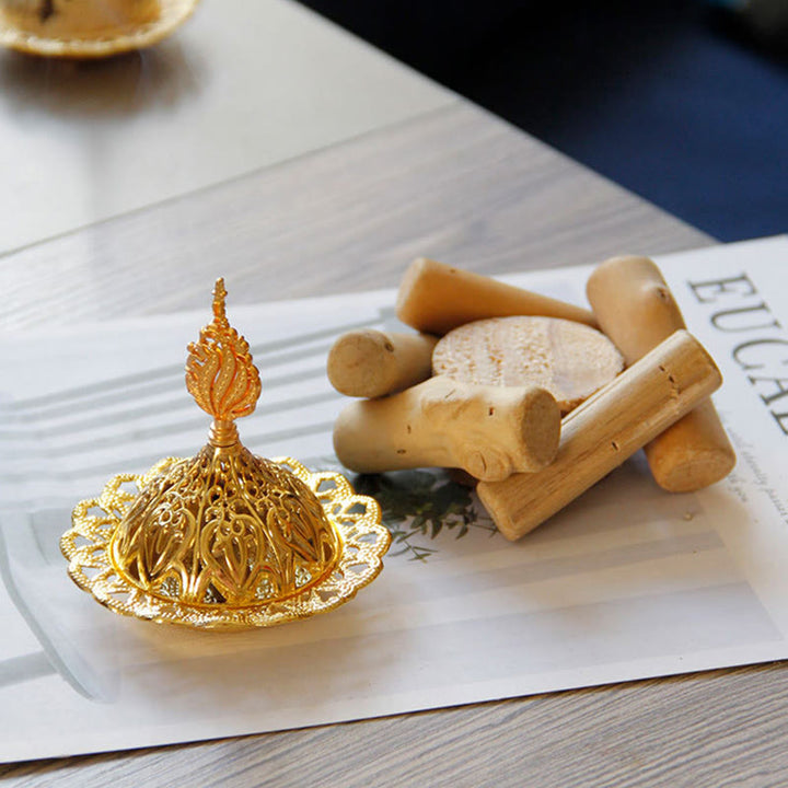 Mini bruciatore di incenso curativo in lega d'oro con sottobicchiere in legno, decorazione per la casa