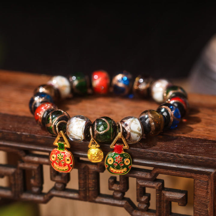 Buddha Stones Cinque Elementi Oro Bestia che deglutisce Fascino Famiglia Braccialetto Portafortuna con Perline di Vetro Liuli - Liuli Glass Bead&Flat Red Green Gold Weaving Beast Family - 14 mm (15 perline) - image 7
