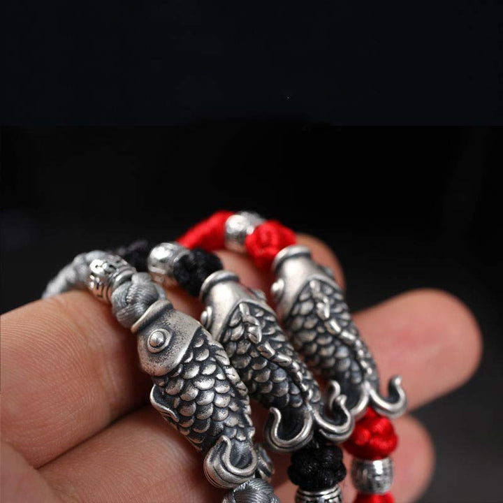 Braccialetto intrecciato con corda in argento Buddha Stones Luck Koi Fish