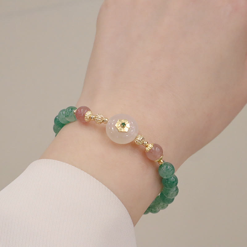 Braccialetto della gratitudine con fiore di calcedonio e quarzo fragola verde naturale Buddha Stones