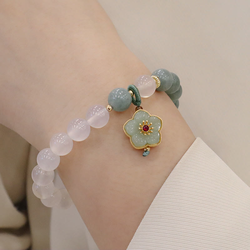 Braccialetto di protezione con fibbia della pace, fiore di loto, agata bianca e giada Buddha Stones