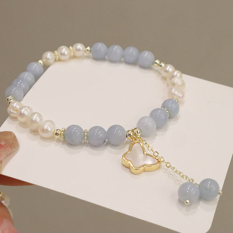 Braccialetto con ciondolo a forma di farfalla con foglia di ginkgo e perle di acquamarina naturale Buddha Stones