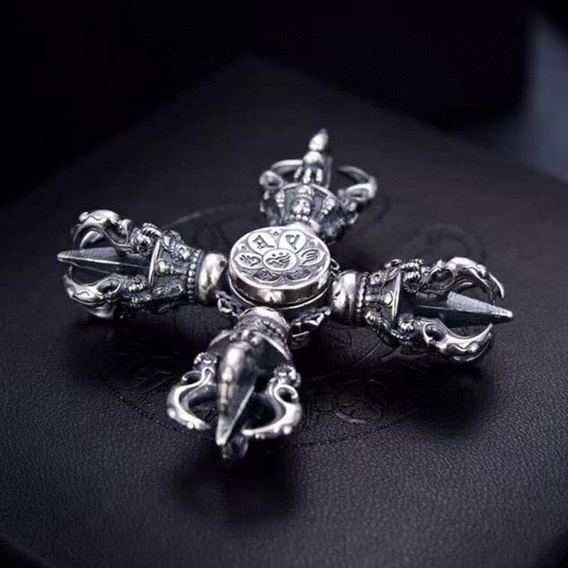 Buddha Stones Tibetano Argento Sterling 925 Doppio Dorje Vajra Inciso Ciondolo Potere Spirituale - image 2