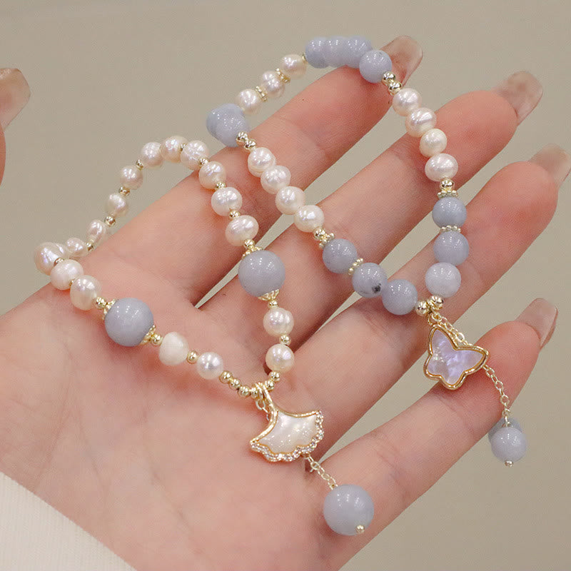 Braccialetto con ciondolo a forma di farfalla con foglia di ginkgo e perle di acquamarina naturale Buddha Stones