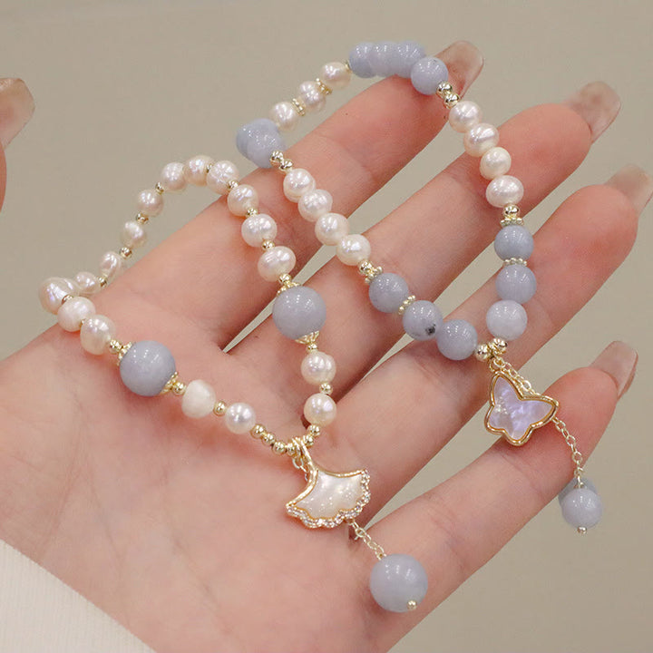 Braccialetto con ciondolo a forma di farfalla con foglia di ginkgo e perle di acquamarina naturale Buddha Stones