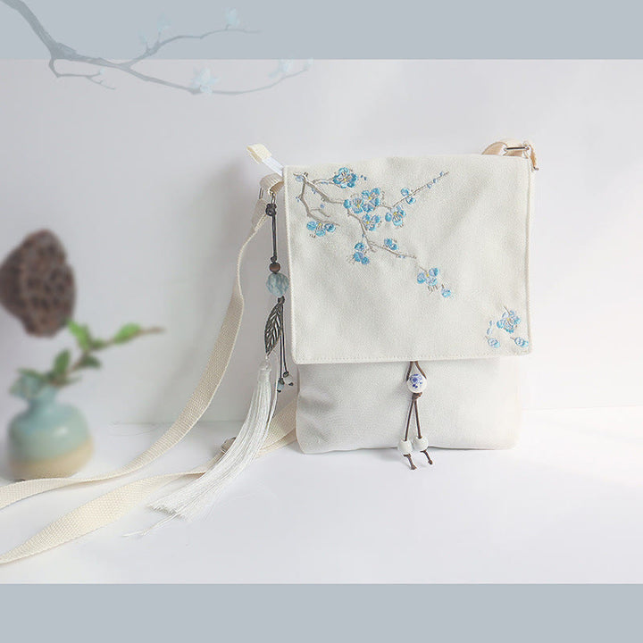 Borsa a tracolla in tela con fiori di prugna ricamati a mano , Buddha Stones, borsa a tracolla