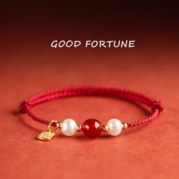 Braccialetto intrecciato in corda rossa con perle di agata e carattere Fu in argento sterling 925 con pietre Buddha Stones - Carattere Fu - Ciondolo della fortuna in argento sterling 925 (circonferenza del polso 14-18 cm) - image 0