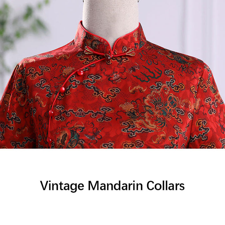 Abito da donna in cheongsam con stampa di foglie e nuvole di buon Buddha Stones vintage, abito da donna in qipao - image 5