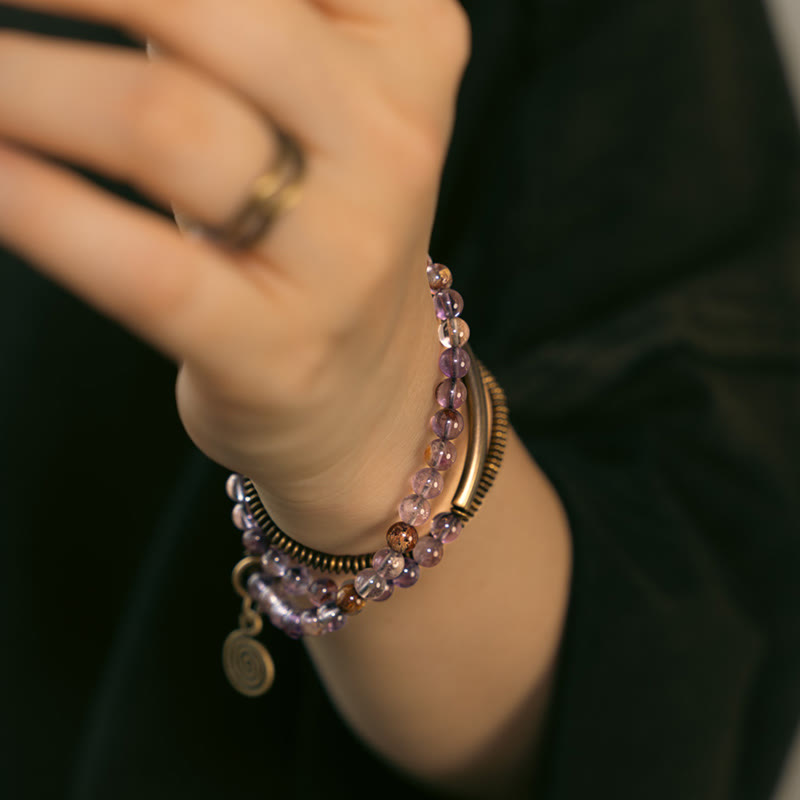 Bracciale Buddha Stones Viola Phantom Rosso Quarzo Ematoide Quarzo Rutilato Verde Rame Amore Perdona