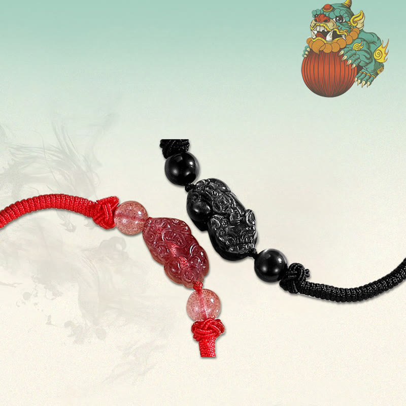 Braccialetto intrecciato di protezione PiXiu in quarzo fragola con ossidiana lucida in argento naturale fatto a mano Buddha Stones - image 10