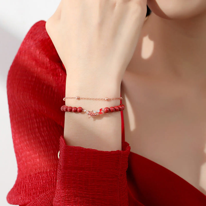 Bracciale a catena a doppio strato con zirconi e cinabro, in argento sterling 925, con pesce koi portafortuna, Buddha Stones - image 4