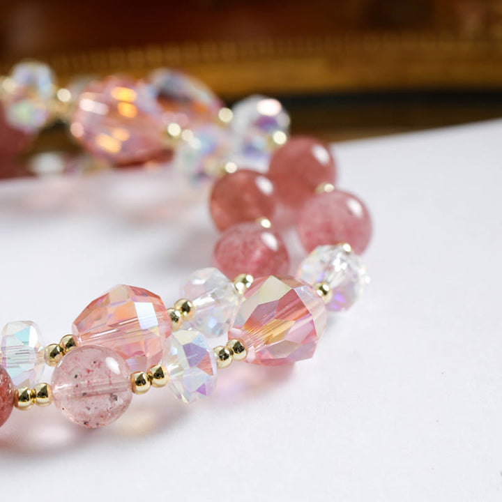 Braccialetto a doppio giro con fiore di zircone e quarzo fragola Buddha Stones