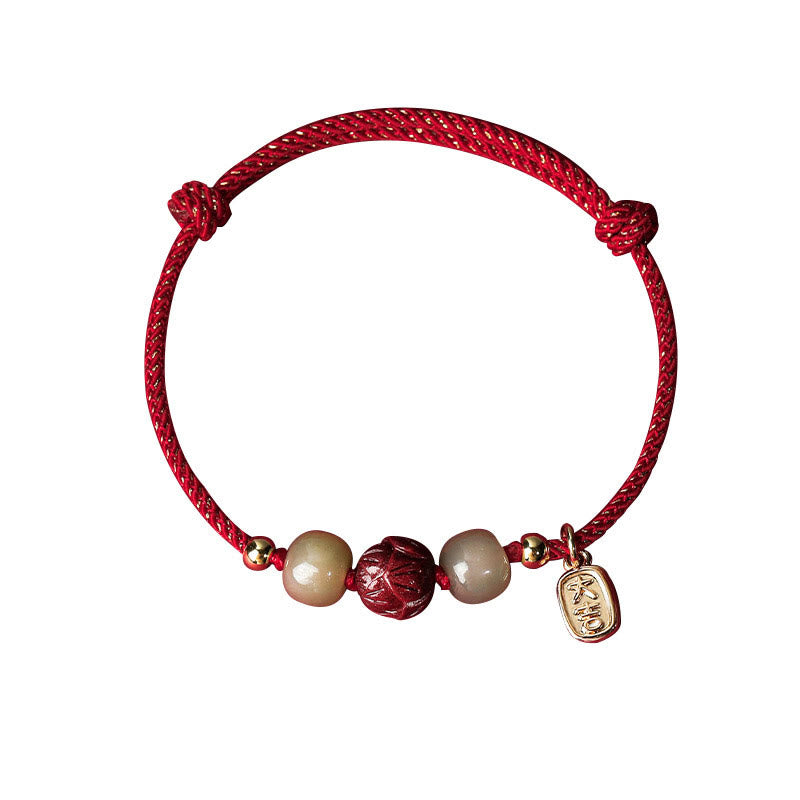 Braccialetto di corda artigianale Buddha Stones in giada Hetian placcato oro 14K, cinabro e loto portafortuna - image 5