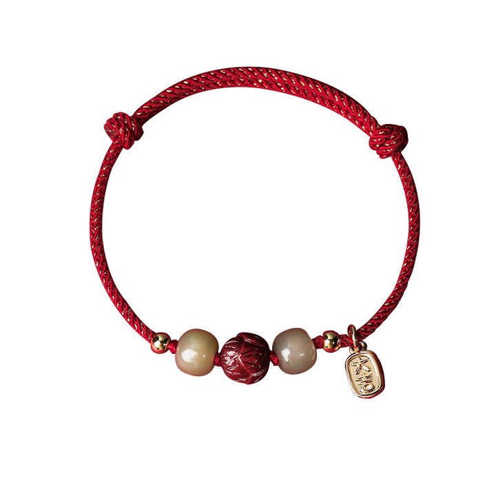 Braccialetto di corda artigianale Buddha Stones in giada Hetian placcato oro 14K, cinabro e loto portafortuna - image 5
