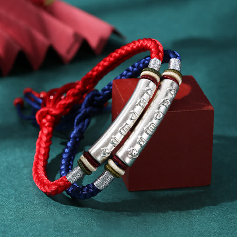 Braccialetto di corda di protezione e forza Om Mani Padme Hum in argento sterling 999 Buddha Stones - image 1