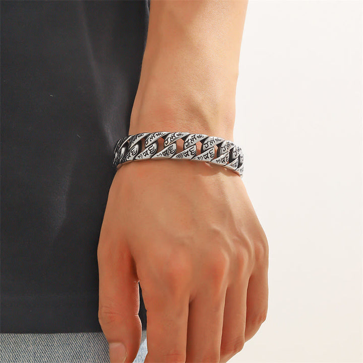 Buddha Stones Tibetano Om Mani Padme Hum Mantra Titanio Acciaio Pace Cuf Bracciale Bangle