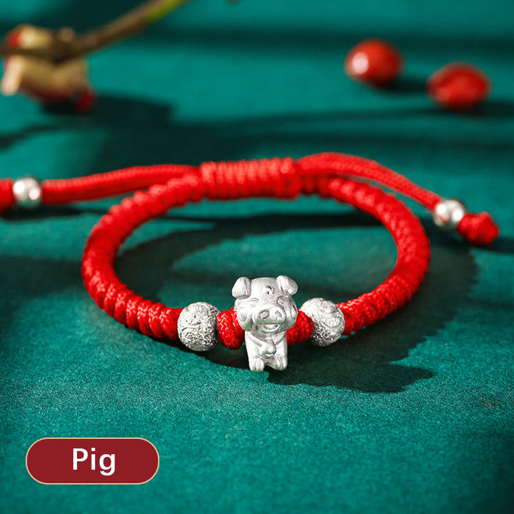 Braccialetto per bambini fatto a mano in corda rossa con Buddha Stones, in argento sterling 999, con zodiaco cinese - Maiale (misura del braccialetto 12+4 cm) - image 25