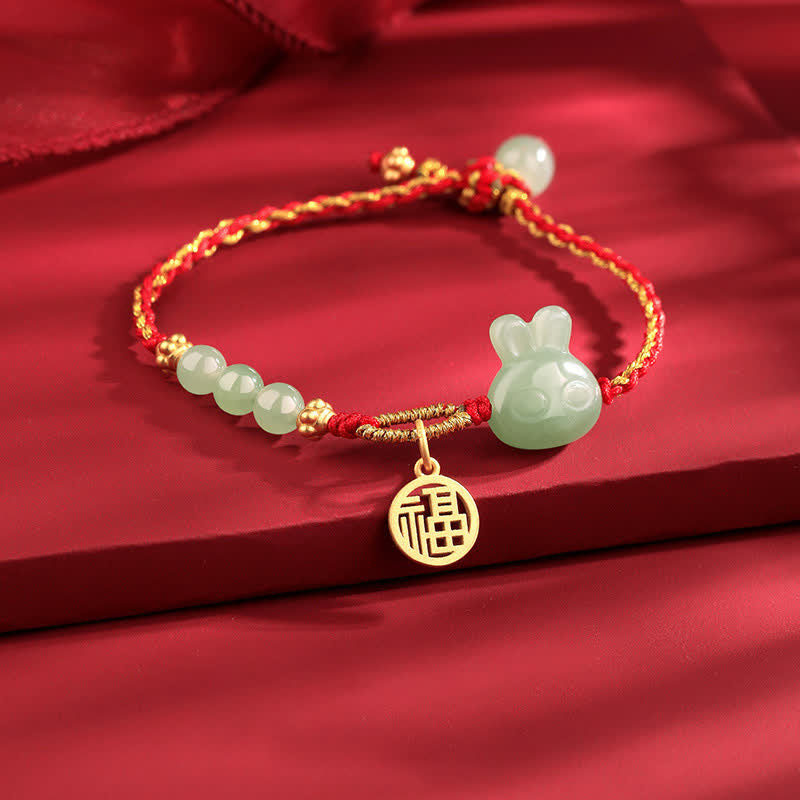Braccialetto in corda rossa con Buddha Stones in argento sterling 925 Anno del coniglio in giada Hetian Felicità Fortuna