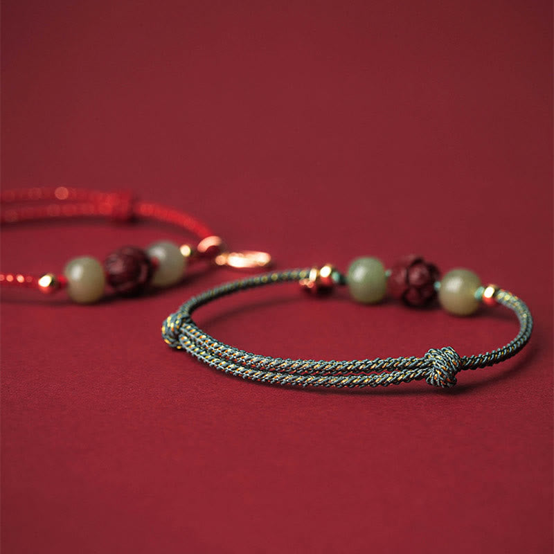 Braccialetto di corda artigianale Buddha Stones in giada Hetian placcato oro 14K, cinabro e loto portafortuna - image 12