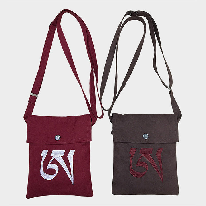 Borsa a tracolla in cotone ricamata a mano con mantra OM e pratica spirituale della mente, borsa a tracolla per cellulare - image 0