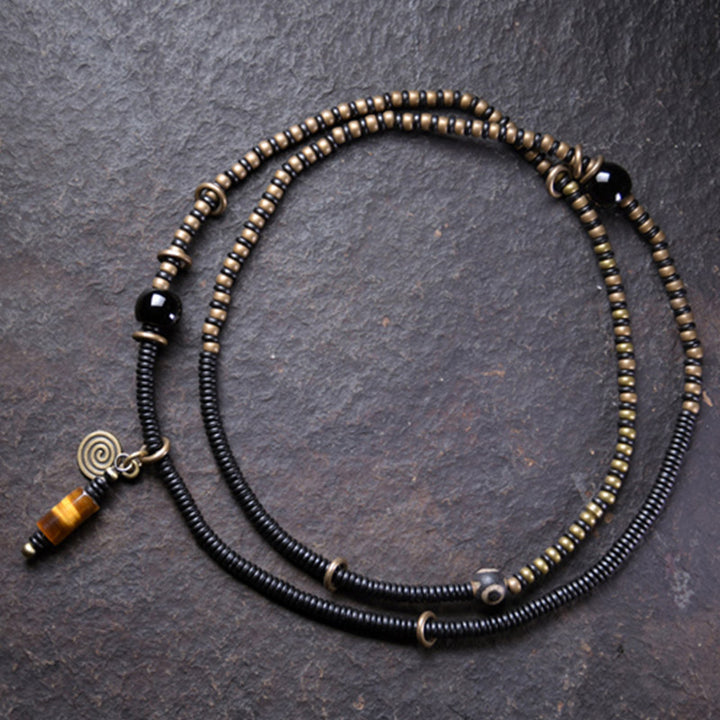 Buddha Stones Legno di ebano Perline Dzi Rame Pace Coppia Bracciale Collana Pendente