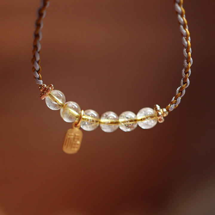 Braccialetto intrecciato con carattere Fu in argento sterling 925, giada naturale, quarzo rutilato e zucca, con fortuna