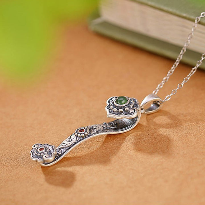 Buddha Stones Argento Sterling 925 Agata Rossa Giada Ciano Nuvole di Buon Auspicio Manico Ruyi Collana Pendente Benedizione