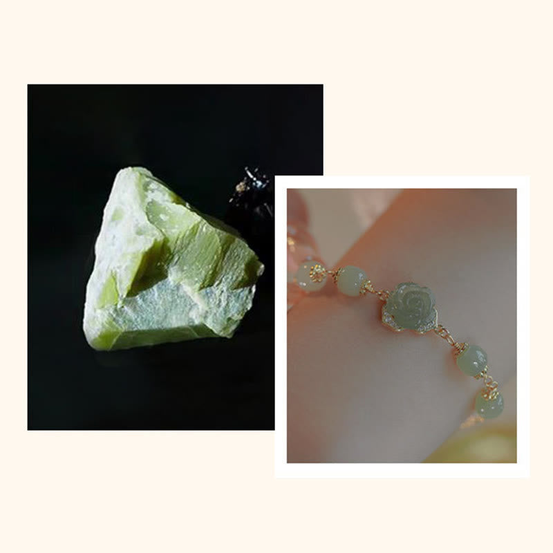 Bracciale con catena portafortuna in giada Hetian placcata in oro 14K con fiore rosa Buddha Stones