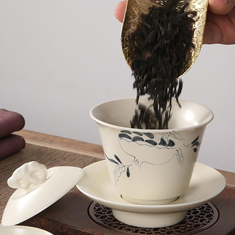 Buddha Stones dipinto a mano melograno ibisco pino loto ceramica gaiwan sancai tazza da tè kung fu tazza da tè e piattino con coperchio