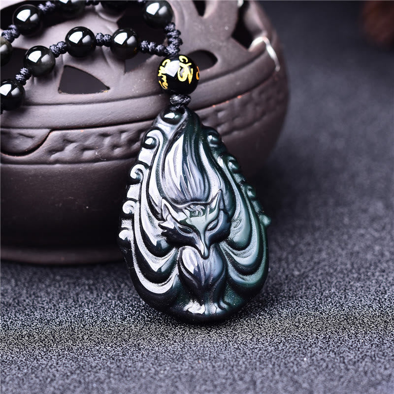 Buddha Stones Ossidiana arcobaleno naturale Volpe a nove code Collana di pace interiore Ciondolo con perline