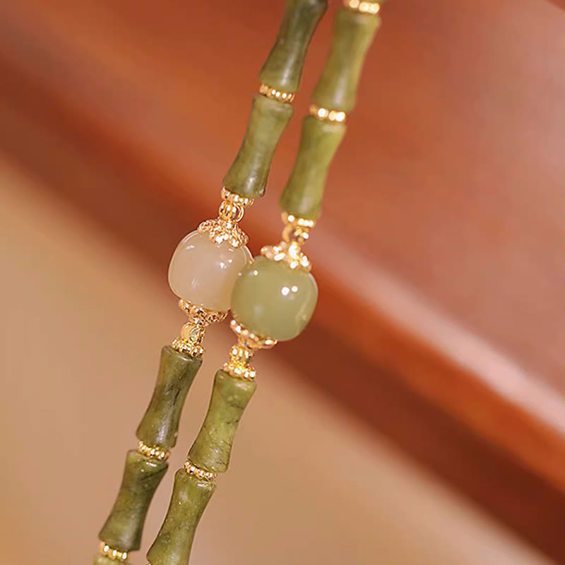 Braccialetto della fortuna con motivo di bambù in giada Hetian con peridoto placcato in rame 14K Buddha Stones