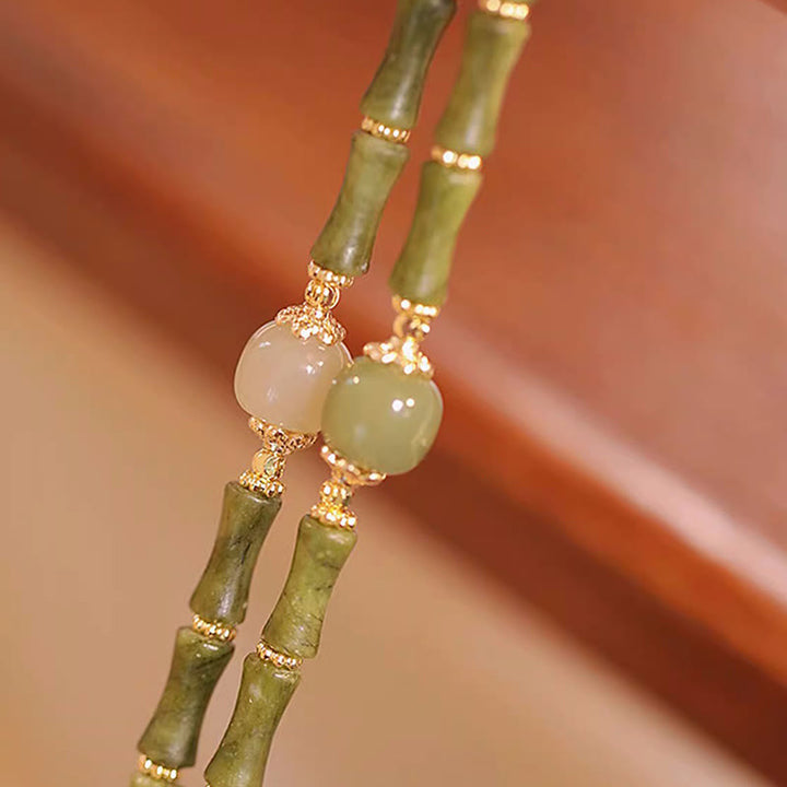 Braccialetto della fortuna con motivo di bambù in giada Hetian con peridoto placcato in rame 14K Buddha Stones