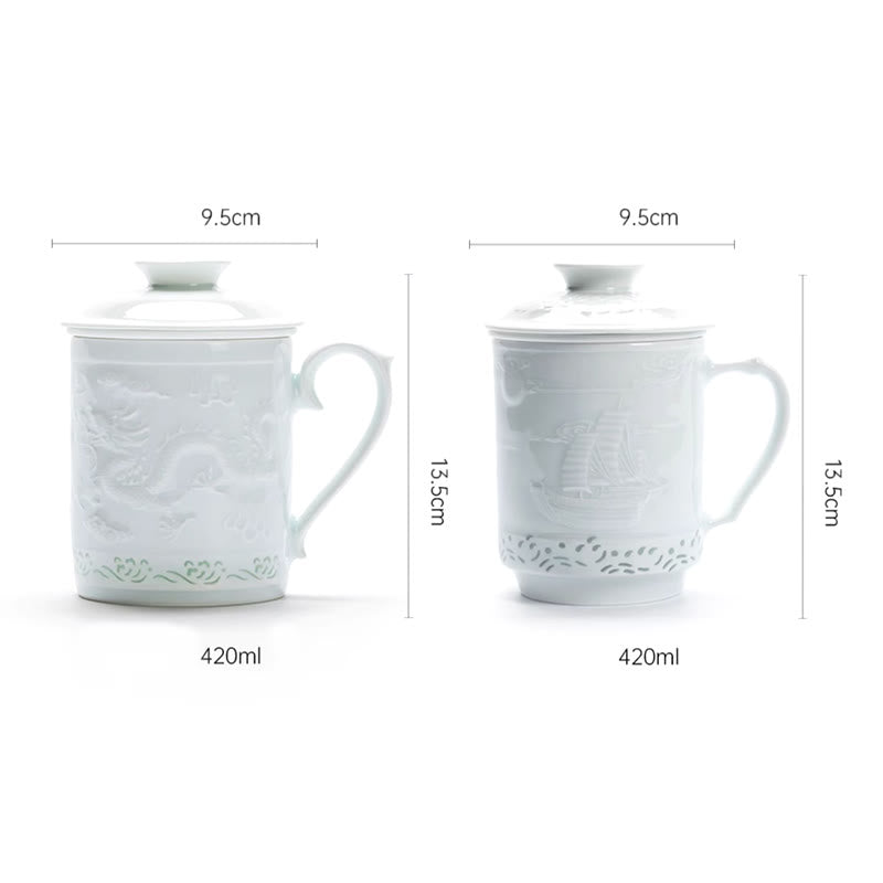 Buddha Stones Jingdezhen Linglong Porcellana Drago di Buon Auspicio Barca Fenice Navigazione Liscia Tazza da Tè in Ceramica Tazze da Tè da Ufficio 420ml