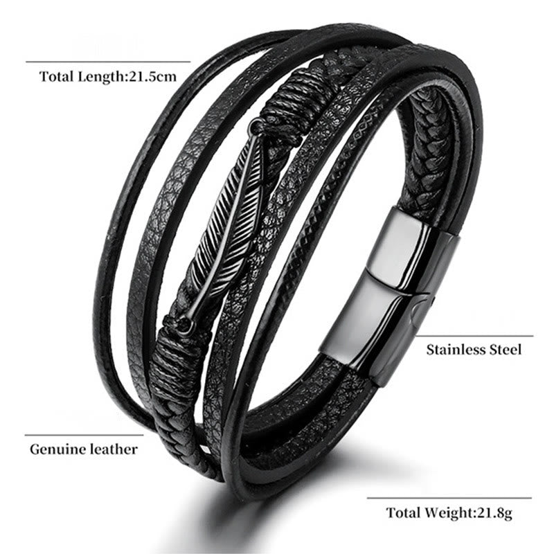 Bracciale con fibbia magnetica intrecciata in acciaio al titanio e pelle multistrato con motivo a piume Buddha Stones