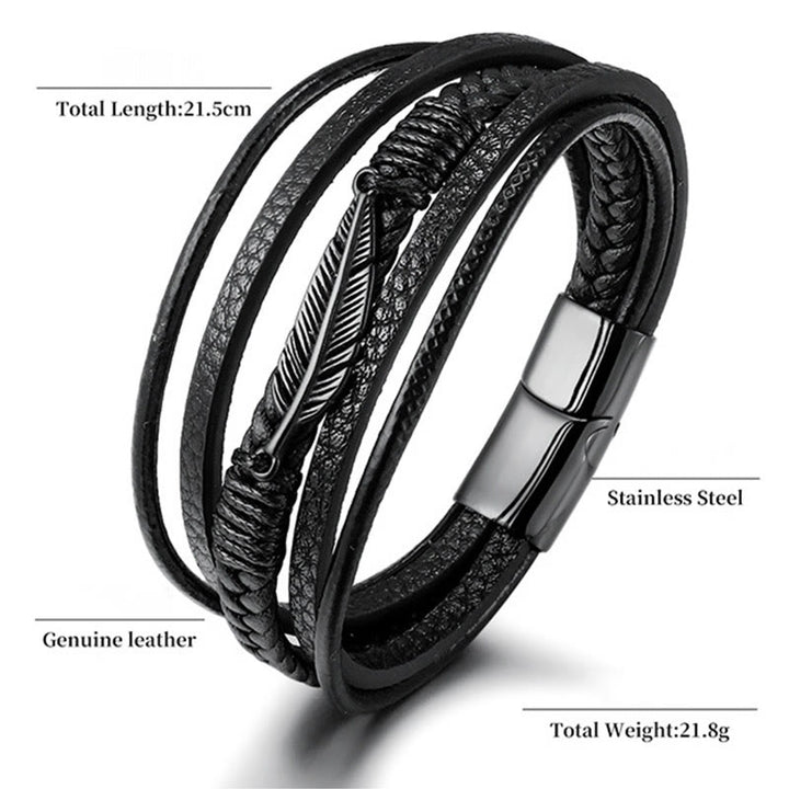 Bracciale con fibbia magnetica intrecciata in acciaio al titanio e pelle multistrato con motivo a piume Buddha Stones