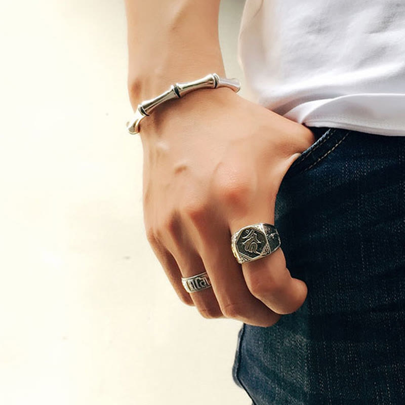 Anello regolabile con protezione intagliata in argento sterling 925 con design sanscrito Buddha Stones - image 29