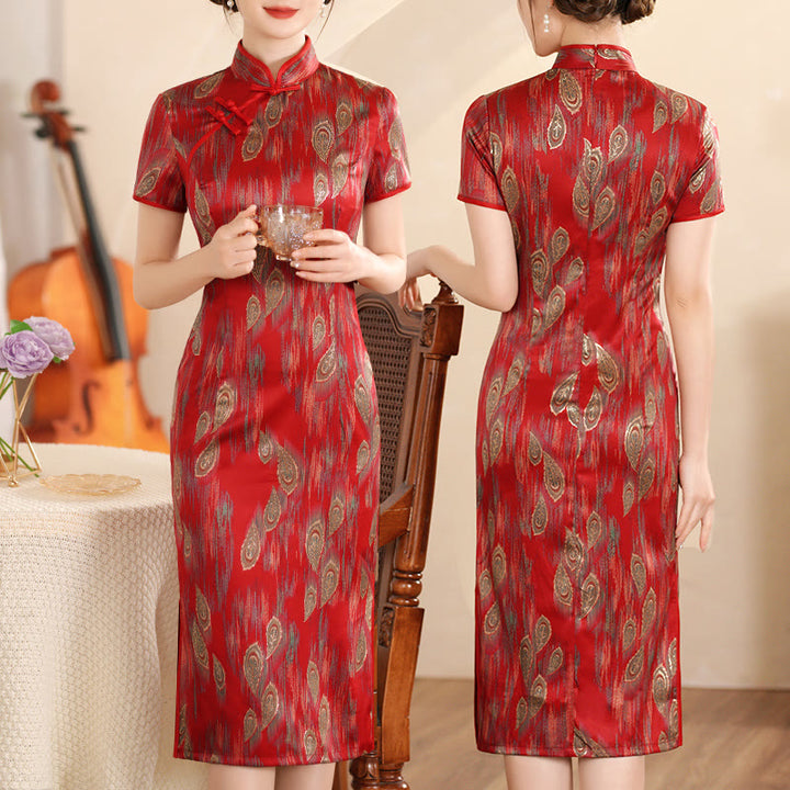 Abito da donna in cheongsam con stampa di piume di peonia e fiori di loto retrò Buddha Stones - Piuma Rossa - US16, UK/AU20, EU48 (5XL) - image 18