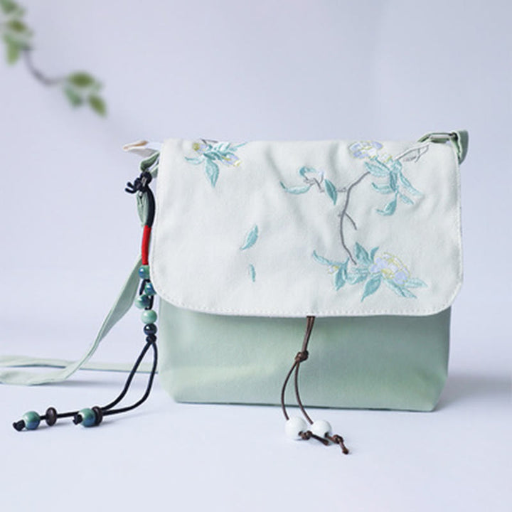 Borsa a tracolla in tela con fiori di prugna ricamati a mano , Buddha Stones, borsa a tracolla