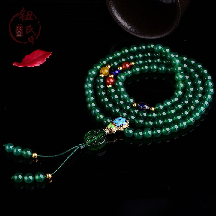 Buddha Stones 108 Mala Beads Braccialetto di supporto energetico in agata verde naturale