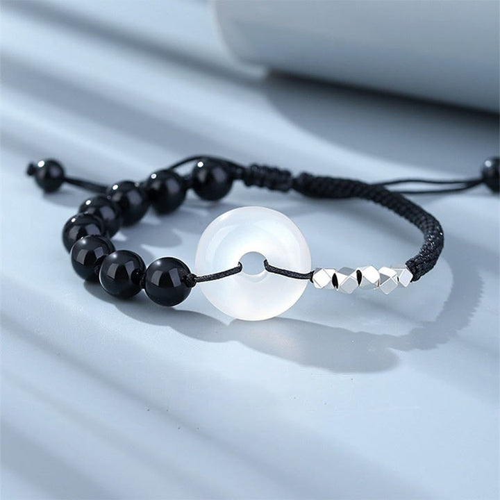 Bracciale Buddha Stones 925 Sterling Silver Ossidiana Nera Agata Fibbia della Pace Forza