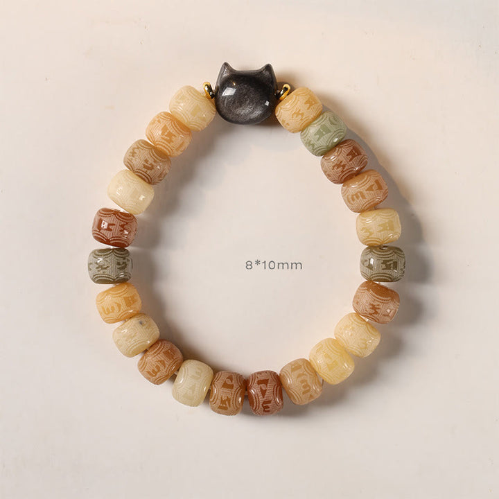 Buddha Stones Semi di Bodhi Argento Lucentezza Ossidiana Testa di Gatto Om Mani Padme Hum Braccialetto Armonia Inciso - image 5
