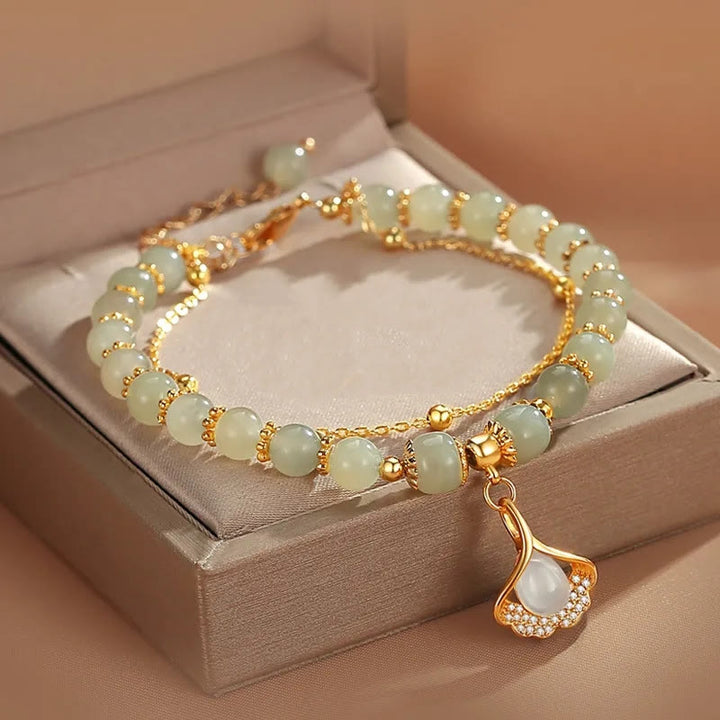 Braccialetto di perline con carattere Fu , Buddha Stones di giada, foglia di ginkgo, tulipano, arachidi e fortuna - image 11