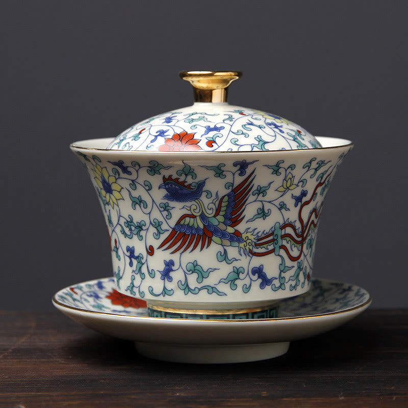 Buddha Stones Retro Prugna Fiore Pino Bambù Fenice Kirin Ceramica Gaiwan Sancai Tazza da tè Kung Fu Tazza da tè e piattino con coperchio